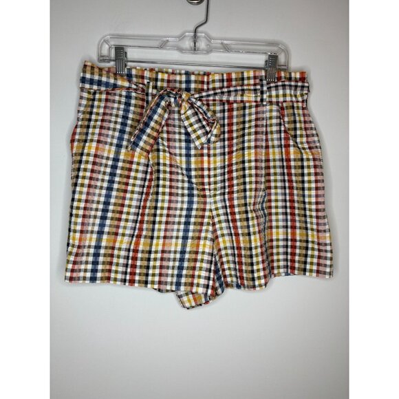 LOFT NEW Paper Bag Waist Seersucker Plaid Shorts Womens L Colorful Pockets Belt - Picture 4 of 6